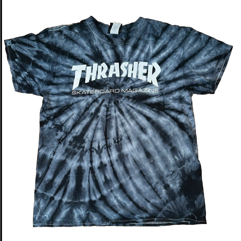 Thrasher Magazine Shirt Mens Medium Black Gray Short Sleeve Crew Neck Tie Dye
